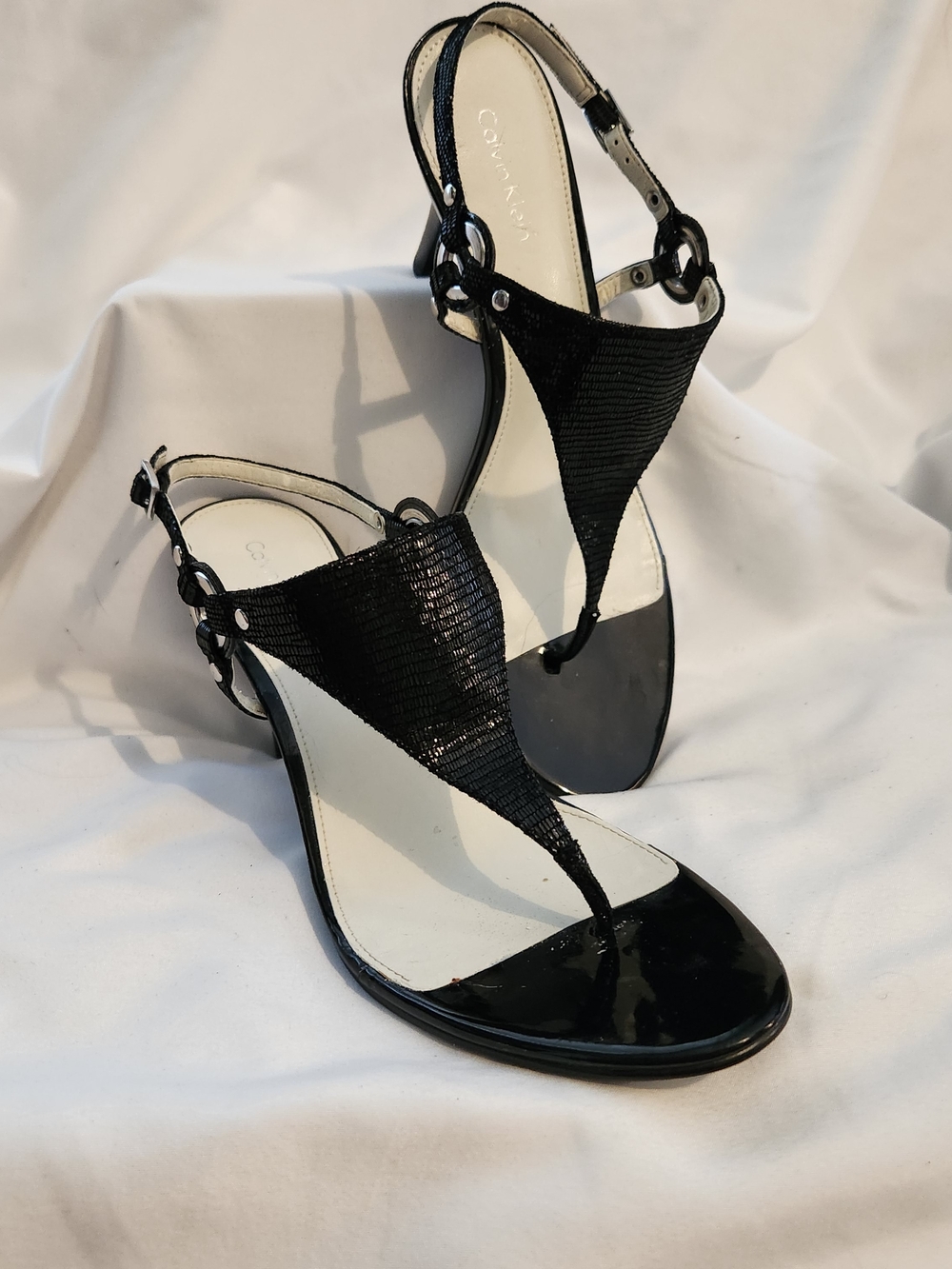 Calvin Klein Vintage Size 8 Black Patent T-Strap Slingback Heels